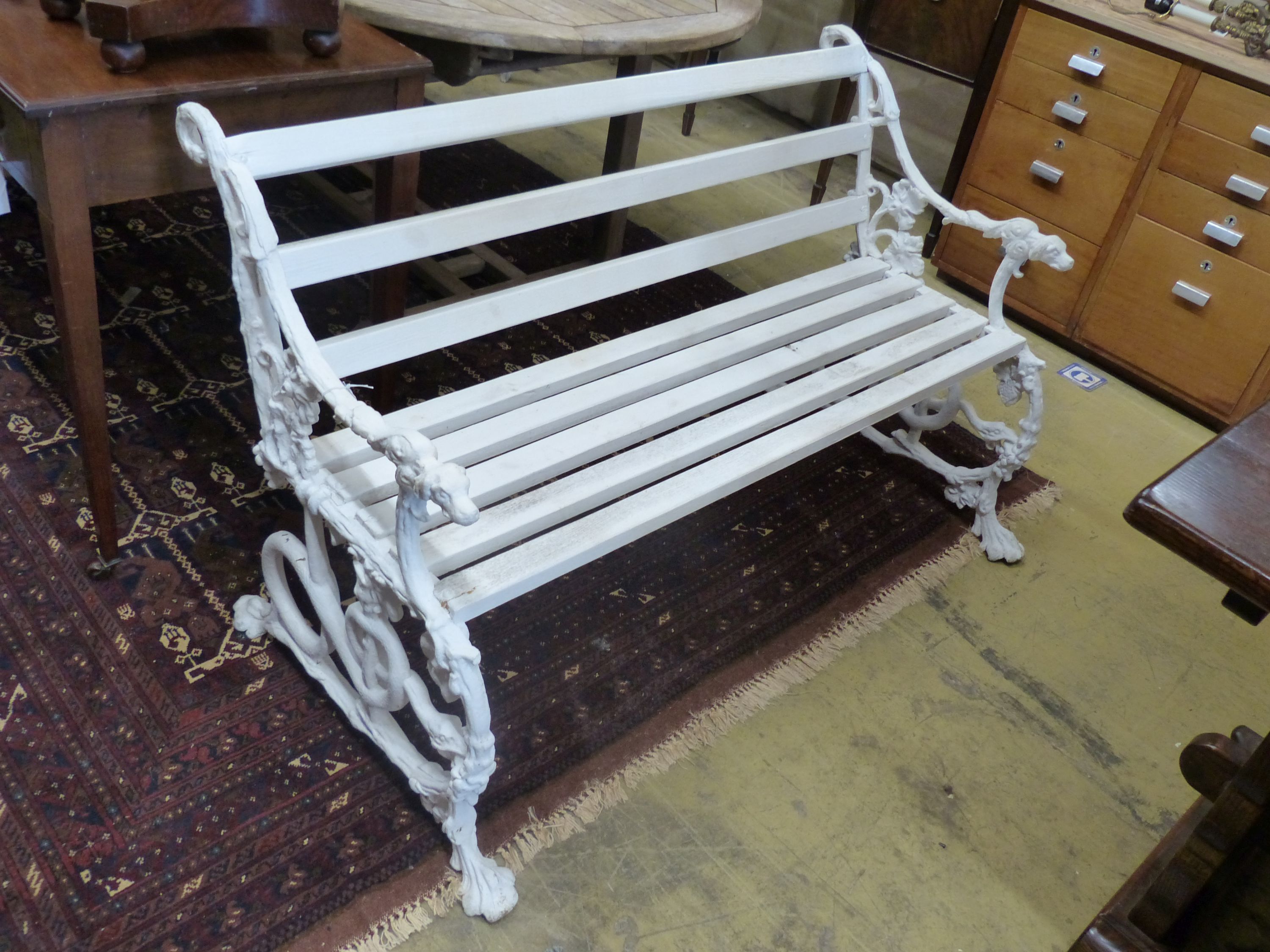 A Victorian style painted cast aluminium slatted garden bench, (Bramley) Colebrook style, length 123cm, depth 64cm, height 76cm